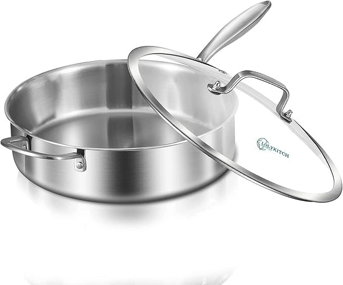 LOLYKITCH 10 Inch Tri-Ply Stainless Steel Sauté Pan with Lid,3 QT Deep Frying Pan,Small Skillet,Jumbo Cooker,Induction Cooking Pan,Dishwasher and Oven Safe,Detachable Handle