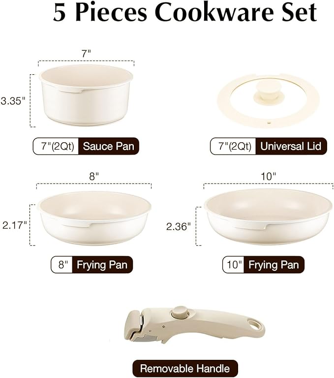 White Non-Stick Ceramic Cookware Set, 5-Piece Pots and Pans Set with Detachable Handles, Perfect for Everyday Cooking, RV Camping, and Compact Kitchens, Induction Compatible, PFOA & PTFE Free