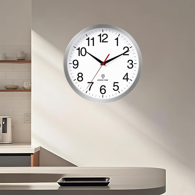 Rohioue Atomic Wall Clock Modern 14 Inch Battery Operated Analog Clock Decorative for Bedroom Kitchen Bathroom Office Home Living Room (Silver)