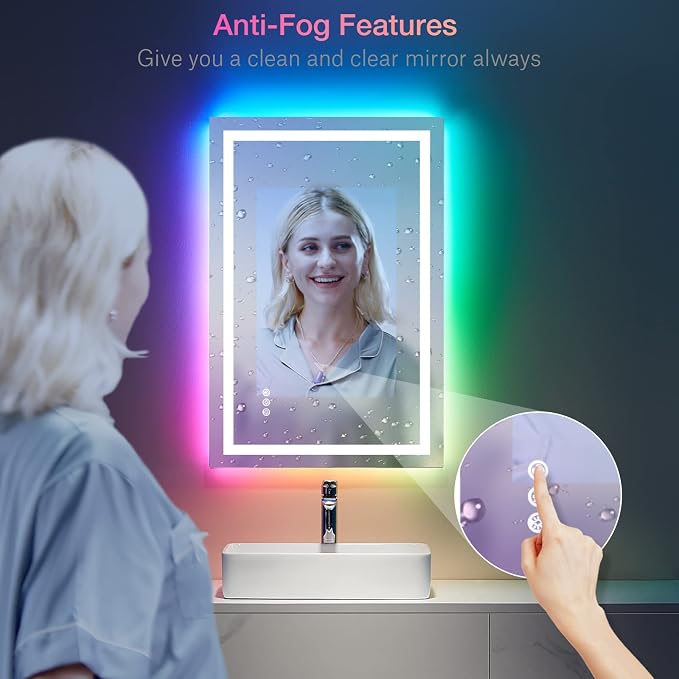 LOAAO 28"X32" LED Bathroom Mirror with Lights, Anti-Fog, Dimmable, RGB Backlit + Front Lighted, Bathroom Vanity Mirror for Wall, Memory Function, Tempered Glass, ETL Listed