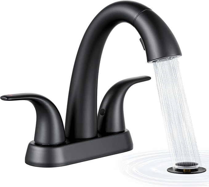Ultimate Unicorn Pull Down Bathroom Sink Faucet - Anti-Splash Matte Black 4 Inch Centerset Vanity Faucets 3 Hole with Pop Up Drain, Two Handle Modern Washbasin Tap Set with Sprayer for Rv Restroom