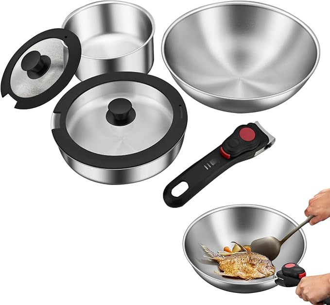 Stainless Steel Non-stick Cookware Set, 6-piece Induction Pots & Pans With Detachable Handles, Dishwasher & Oven Safe, Perfect For Kitchen & Camping 6pcs