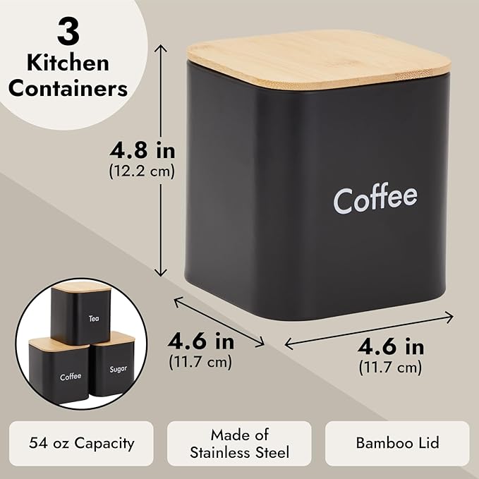 Juvale Coffee Tea Sugar Container Set - Black Iron Square, 3 Pack, 48 oz Each - Coffee Bean Storage & Sugar Storage - Countertop Kitchen Canisters with Tight Seal Lids