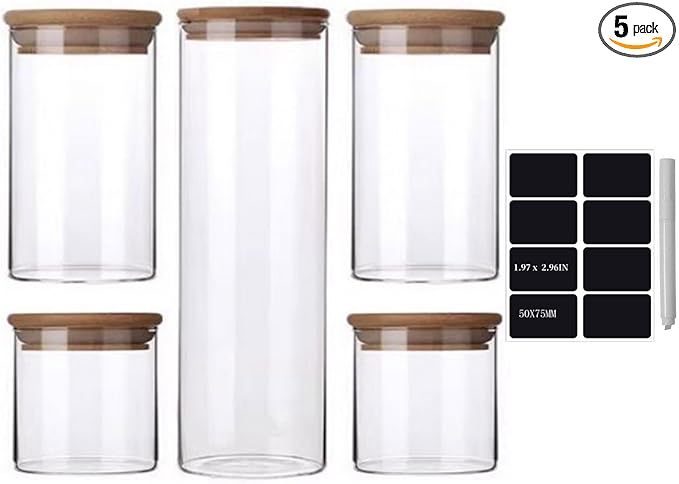 Glass Jars with Bamboo Lids 360Z [Set of 5],Canisters with Airtight, Glass Food StorageContainers for Coffee, Sugar,Tea, Candies, Cookies