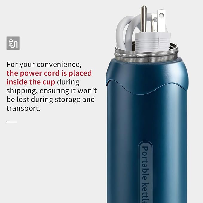 Insulated Stainless Steel Travel Electric Kettle Small, Smart Water Bottle with 4 temperature control, Leak-Proof, Mini Travel Essentials Portable Office Gifts for Tea Lovers, Dark Blue