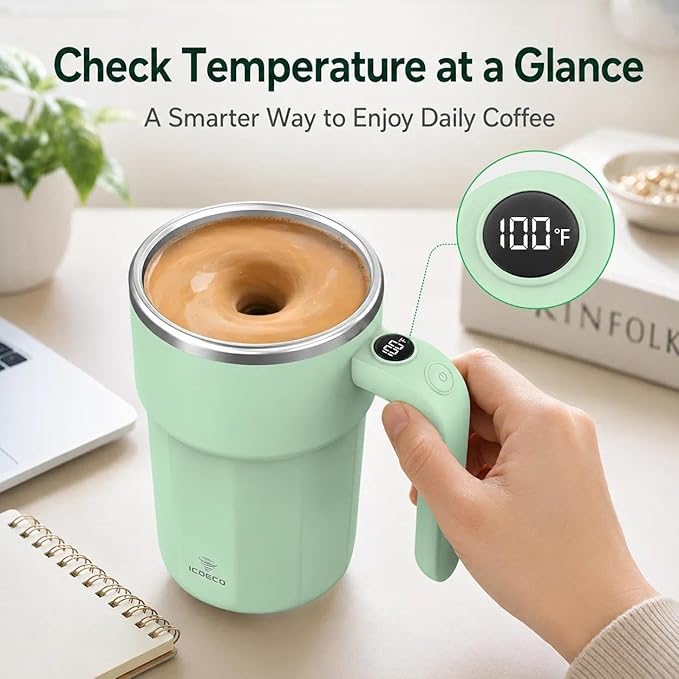 Self Stirring Coffee Mug, 12oz Rechargeable Magnetic Mixing Cup with Temperature Display, 316 Stainless Steel Electric Stirring Cup with Lid & Handle for Coffee, Cocoa, Matcha, Creamer, Mushroom Coffe