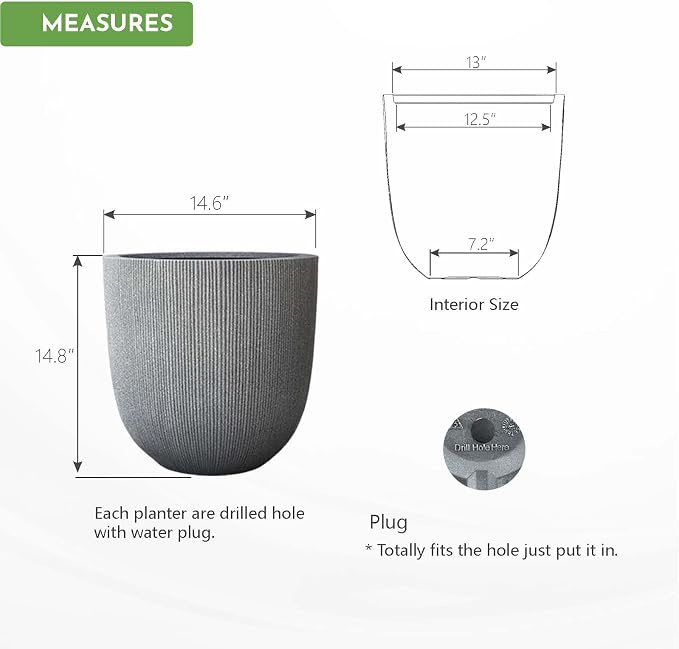 14.8" Tall Round Tapered Planter - Gray Faux Cement Finish, Lightweight Durable Plastic Plant Pot with Drainage Hole & Plug, Weather & UV Resistant Pot for Plants Indoor/Outdoor Use, 12.5" Opening