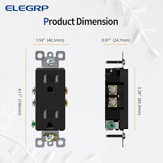 ELEGRP Decorator Wall Receptacle Outlet, Tamper Resistant 15 Amp Standard Electrical Wall Outlet, Residential Grade, Self-grounding, 125V, 2 Pole 3 Wire, 5-15R, UL Listed, Glossy Black, 20 Pack