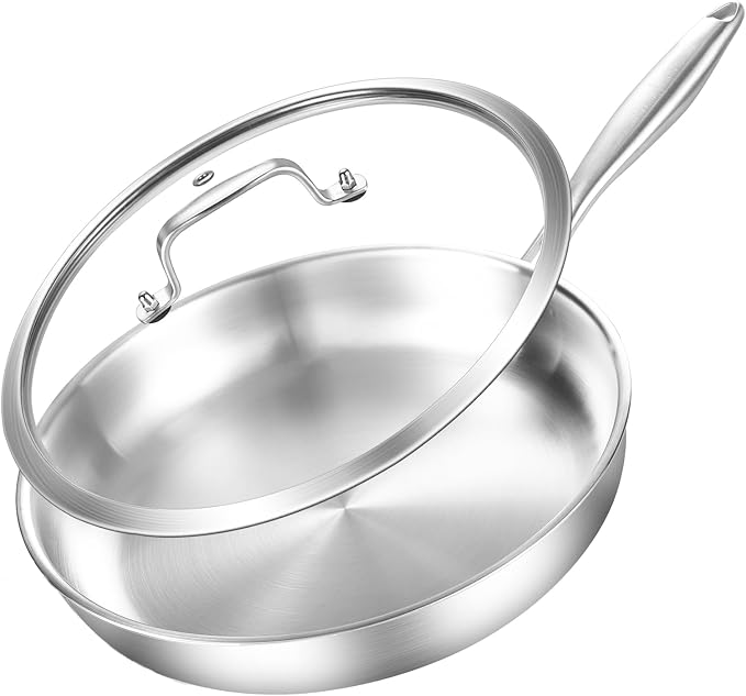 DELARLO Tri-ply Stainless Steel Frying Pan with Lid 10.3Inch | Heavy Duty, Compatible with All Cooktop, up to 600℉, Fast & Even Heating, PTFE & PFOA Free, Oven Safe Skillet