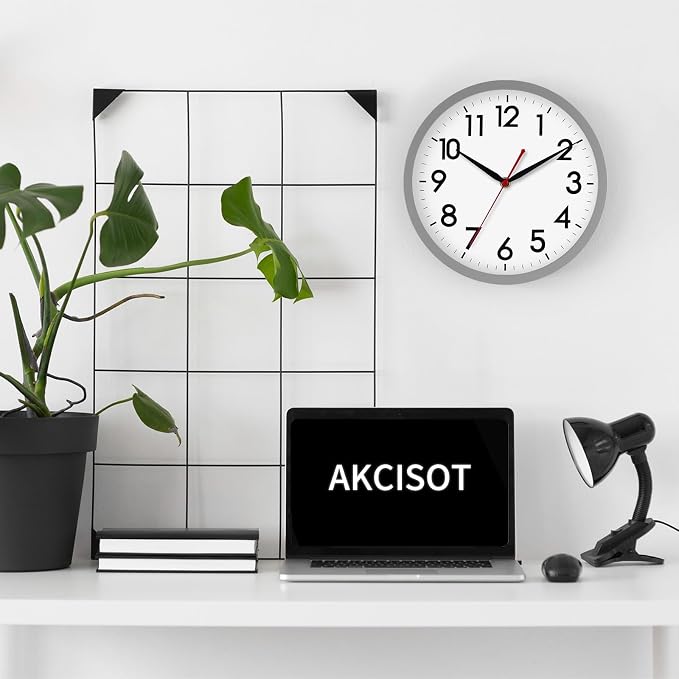 AKCISOT 10 Inch Wall Clock, Battery Operated Analog Clock, Silent Non-Ticking, Ideal for Bedroom, Bathroom, Kitchen, Office and School, Gray