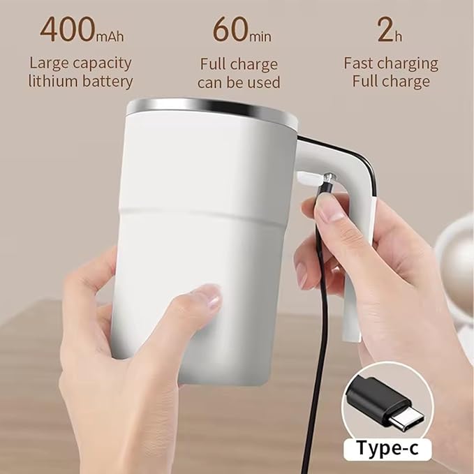 Taza Inteligente Para Cafe, Intelligent Coffee Cup with Lid, Automatic Magnetic Stirring Coffee Mug, Rechargeable Self Mixing Mug with LED Display Temperature for Milk Tea, Office Household(White)