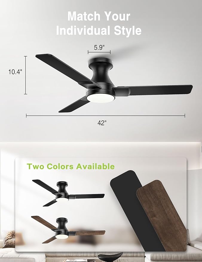 DAMINY 42 inch Ceiling Fans with Lights,3 Blades,6CCT, Low Profile Ceiling Fan with Light and Remote Control,Ceiling Fan for Bedroom, Kitchen,Indoor/Outdoor Use,Flush Mount-Black