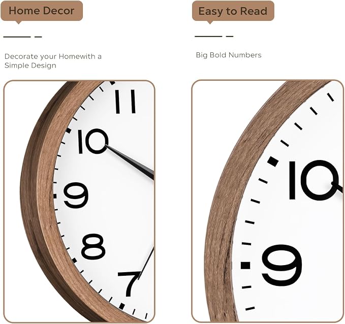 AKCISOT 8 Inch Wall Clock, Battery Operated Analog Clock, Silent Non-Ticking, Ideal for Bedroom, Bathroom, Kitchen, Office and School, Walnut