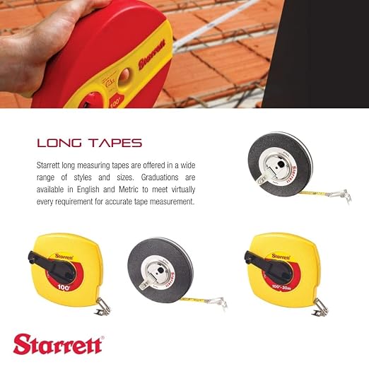 Starrett Closed Reel Long Line Tape with ABS Plastic Case, Easy-to-Read Graduation and Folding Hook Ring - 50' Length, 3/8" Width, 1/8" Graduation, L1 Graduation Style Number - KTS510-50-N