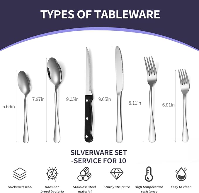 60-Piece Silverware Set with Steak Knives Stainless Steel Flatware Set for 10 Food Grade Tableware Cutlery Set Rust-proof, Mirror Polished, Dishwasher Safe