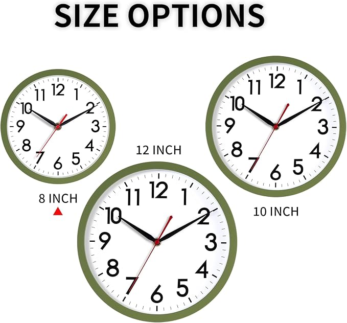 AKCISOT 8 Inch Wall Clock, Battery Operated Analog Clock, Silent Non-Ticking, Ideal for Bedroom, Bathroom, Kitchen, Office and School, Olive Green