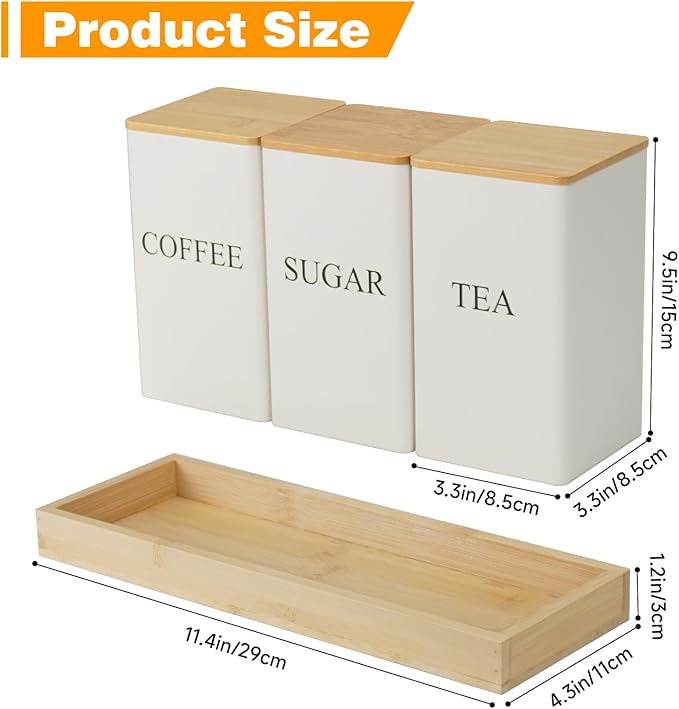 3Pcs Coffee Tea Sugar Container Set,White Iron Storage Tin with Bamboo Lid and Tray, Square Airtight Food Container Jars for Farmhouse Kitchen Dining Room Countertop Decor
