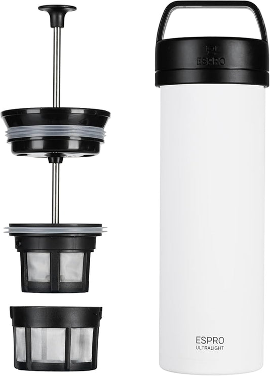 ESPRO Go P0 Ultralight French Press Coffee Maker for Travel, Vacuum Insulated Stainless Steel, 16 Ounces, Chalk White