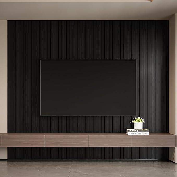 YLL YLL PVC Slat Wall Panel Peel and Stick 236"x 15.7" Faux Black Wood Grain Slat Panel Self-Adhesive Wallpaper Soundproof 3D Wall Panels