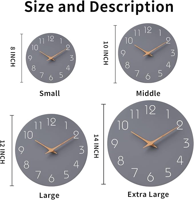 Mosewa Wall Clock 12 Inch Gray Silent Non Ticking Battery Operated Modern Simple Clock Decorative for Kitchen Home Bedroom Bathroom Office Living Room