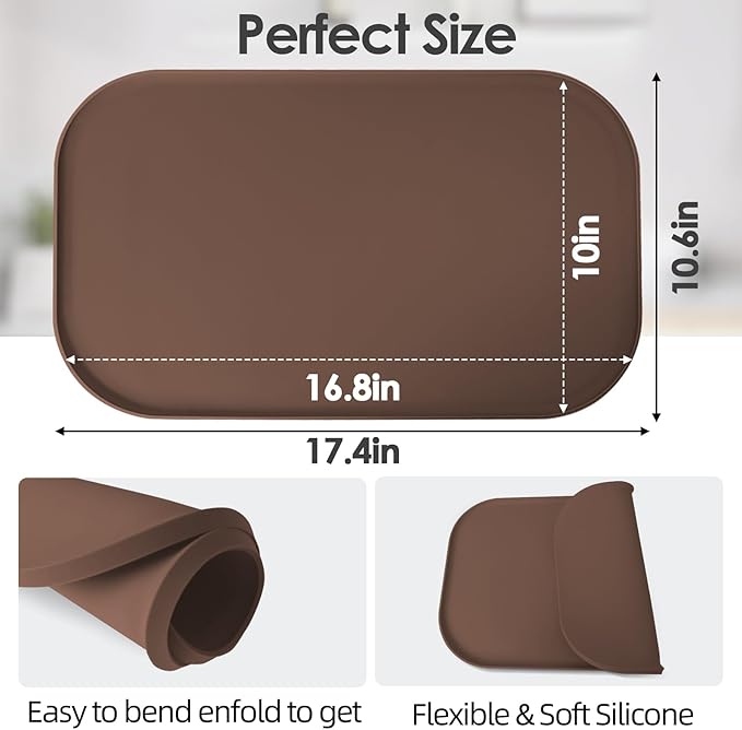 TOHONFOO Silicone Coffee Maker Mat with Lip, 17.4'' x 10.6'' Heavy Duty Coffee Maker Mat for Countertops, Coffee Tray Fit Under Coffee Machine Appliance Automatic Machines Espresso Accessory, Brown