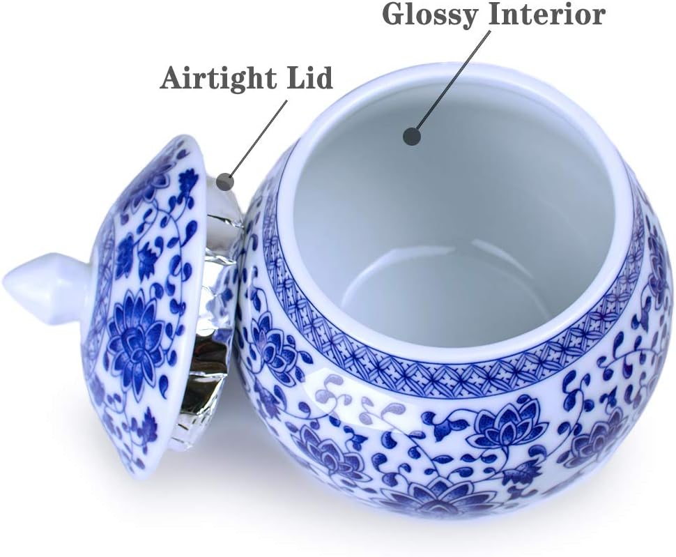 Dahlia Blue and White Porcelain Tea Canister for Loose Tea, Airtight Jingdezhen Tea Caddy, Lotus 850 ML