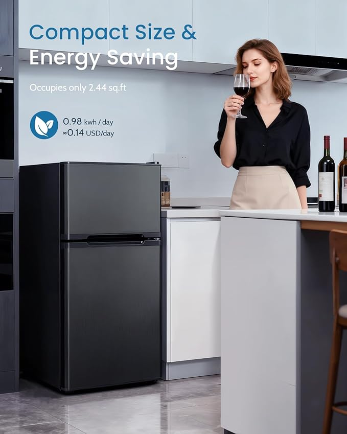 Feelfunn 3.2 Cu.Ft Mini Fridge with Freezer - 2 Door Small Refrigerator, Mini Refrigerator with Adjustable Thermostat, Removable Shelves, Mini Fridge for Bedroom, Office, Dorm, Apartment, Black