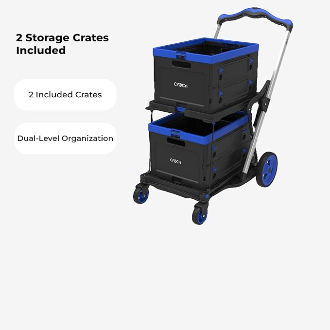 Collapsible Shopping Cart with Wheels, 2-Tier Foldable Grocery Cart with 2 Stackable Storage Crates, Foot Brake, Lower Platform, Aluminum Frame