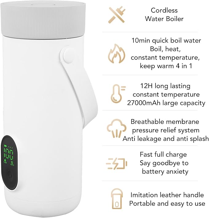 Dpofirs Portable Electric Kettle, 350ML Tea Coffee Hot Water Boiler, 27000mAh USB Rechargeable, Fast Boiling, Temperature Controls, for Camping Travel (US Plug)