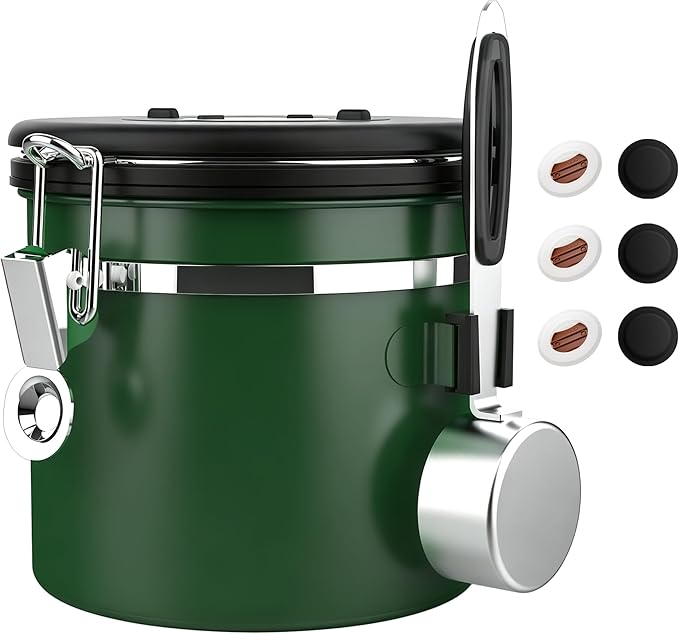 ShanSon Coffee Canister Airtight Coffee Container Stainless Steel Coffee Bean Storage Container with Scoop Coffee Canister for Beans Grounds Sugar Flour Tea Cereal,11OZ, Dark Green