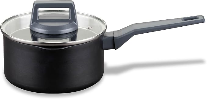 Fackelmann STATEMENT 16cm Cooking Pot, Recycled Aluminium, Non-Stick PFAS Free Ceramic Coating, Heat-Resistant Comfort Grip Handle, Glass Lid, All Stoves Including Induction, 32.5x16x8.5cm, Ash Grey
