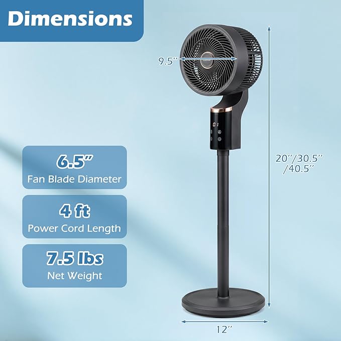 COSTWAY Pedestal Fan for Bedroom, Compact Oscillating Standing Fan with 70° Oscillation, 90° Tilt, 3 Adjustable Heights, 8 Speeds, 12H Timer & Remote, Quiet Table Fan for Home Office (Black)
