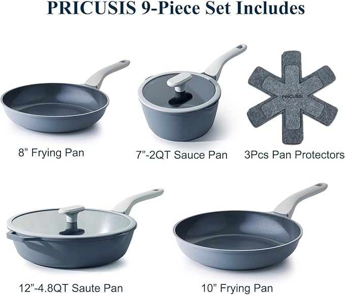 PRICUSIS Nonstick Pots and Pans Set, 9 Pieces Non Toxic Ceramic Nonstick Cookware, Healthy Omelete/Egg Skillet, Healthy Frying Pan, PTFE PFOA & PFAS Free, Induction Compatible, Blueberry Gray