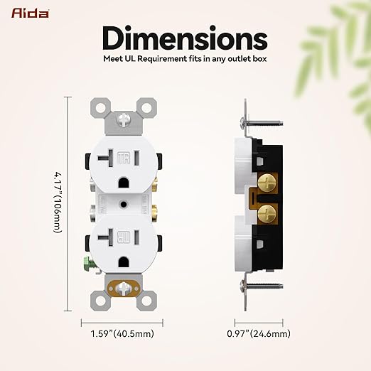 AIDA 20 Amp Outlet Duplex Electrical Receptacle Outlets,Power Outlet,Tamper Resistant,Heavy-Duty Receptacle Wall Outlet,Residential,2Pole,3-Wire, Self-Grounding Clip, NEMA 5-20R,UL Listed 10 Pack