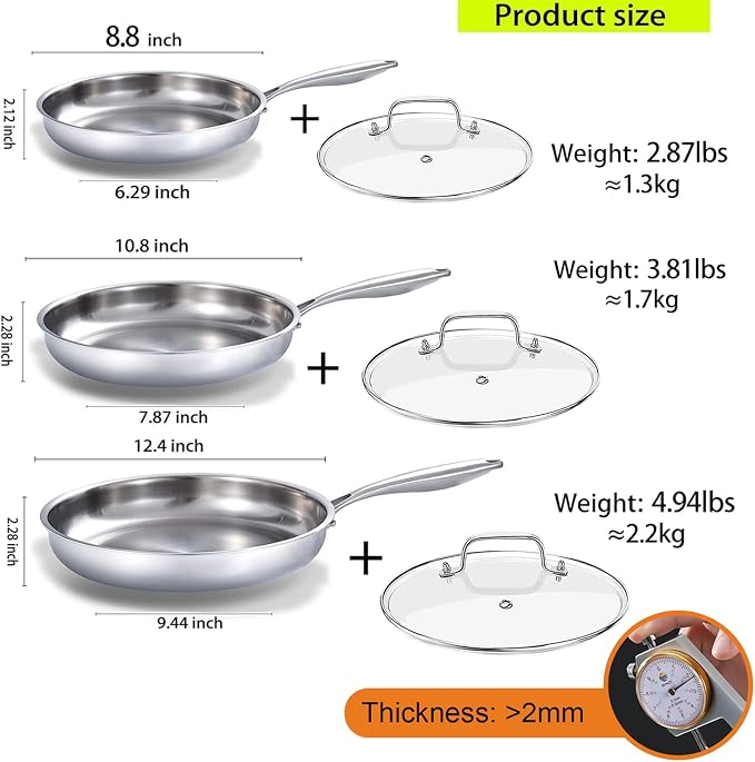 DELARLO Tri-ply Stainless Steel Frying Pan Set with Lid 8" 10" 12" | Induction Large Skillets Chef's Pan, Pots and Pans Set, Suitable for All Stove Kitchen Cookware Set
