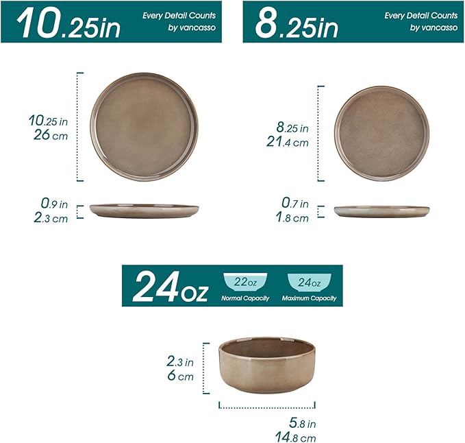vancasso PLAYA Plates and Bowls Sets, 24 Pieces Dark Brown Dinnerware Sets for Kitchen, Reactive Glaze Dishes Set for 8, Dishwasher and Microwave Safe
