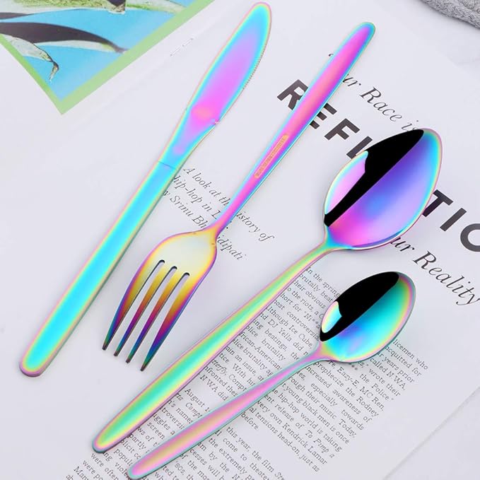 Rainbow Silverware Set, BuyGo 24-Piece Stainless Steel Camping Flatware Dinnerware Set for 6, Hand Polish, Dishwasher Safe