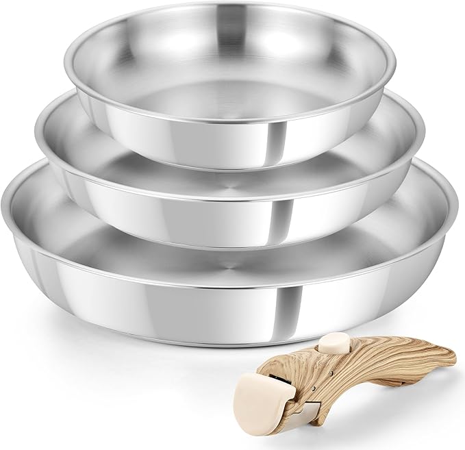 KOCH SYSTEME CS Stainless Steel Frying Pan Set, 8" & 9.5" & 11" 18/10 Stainless Steel Pan Set with Stylish Removable Handles, Tri-Ply Steel Base for Rapid Heating, Induction Compatible Camp Pan