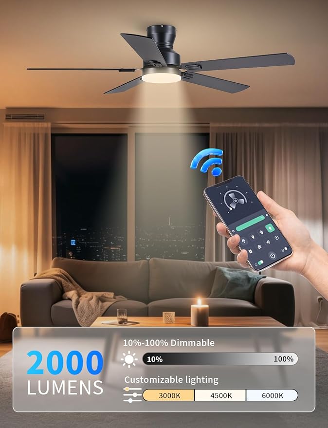 Ceiling Fans with Lights, 52" Low Profile Ceiling Fan with Light and Remote/APP Control, Modern Flush Mount Led Ceiling Fan for Indoor Bedroom Living Room, Dimmable, Qiuet DC Motor, Black