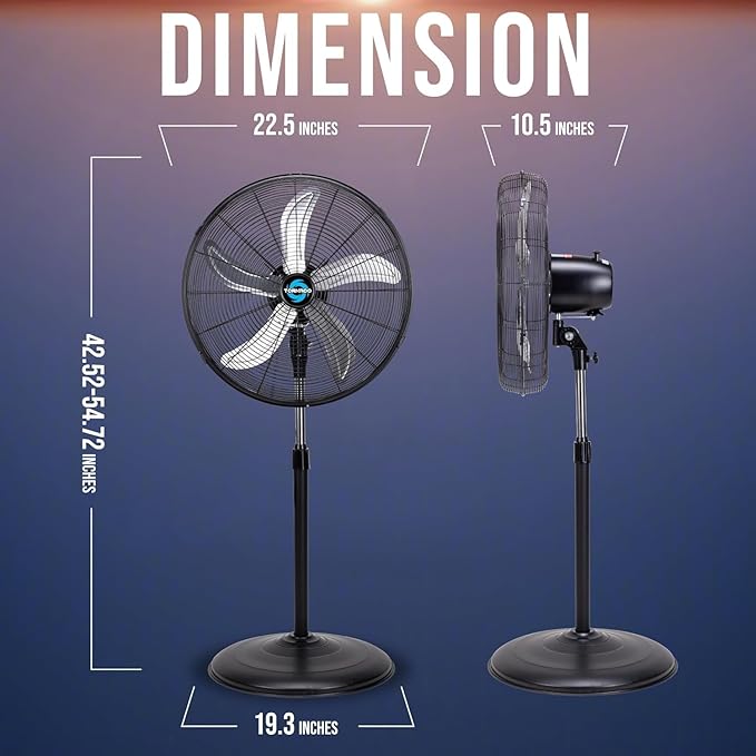 Tornado 20 Inch High Velocity Oscillating Pedestal Fan, 3-Speed, 5000 CFM, Commercial & Industrial, UL Listed, 1/6 HP Motor, 6.6 FT Power Cord