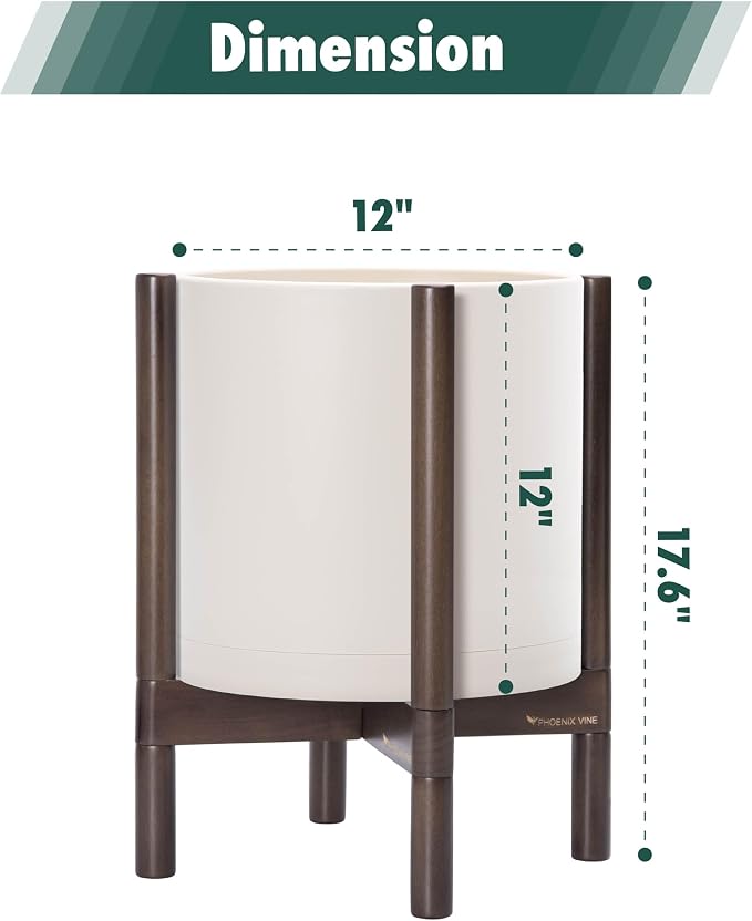 D'vine Dev Plastic Pot with Walnut Wood Stand, Oatmeal, 12 in, 55-C-O-4 | Mid-Century Inspired Design, Elevated Plant Display, Clean Lines, Sturdy Support, Modern Space-Saving Style