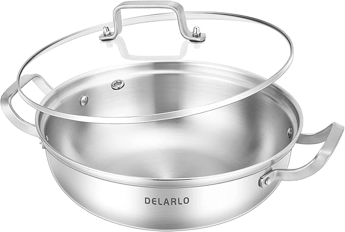 Delarlo Tri-Ply Stainless Steel Hot Pot 13 inch Everyday pan With lid,5QT | Deep Saute Pan, High Side Kitchen Cooking Pot, Chef's Pans, Induction Deep Frying Pan, 5QT Stock Pot, Up to 550℉