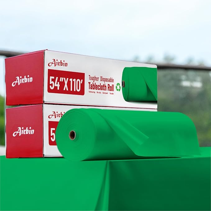Plastic Table Cloth, 110 Ft X 54 in Plastic Table Cloth Disposable Green Tablecloth Premium PEVA with Any Cut Sliding Cutters Disposable Tablecloth for Picnics, Parties, Birthdays, Festivals