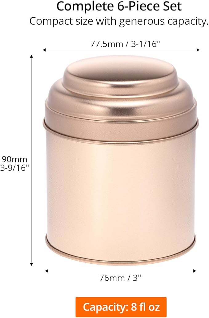 QWORK Tea Tin Canisters with Airtight Double Lids, 8 fl oz Each, 6 Pack Metal Containers, Mini Tea Storage Containers for Loose Leaf Tea, Tea Bags, Coffee, Sugar, Spices, Rosegold
