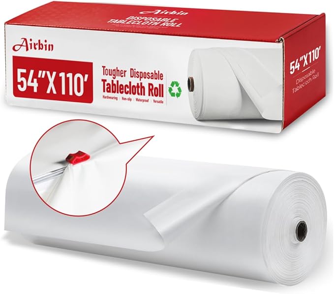 Plastic Table Cloth, 110 Ft X 54 in Disposable Tablecloth White Tablecloth Premium PEVA Plastic Table Cloth Disposable with Any Cut Sliding Cutters for Picnics, Parties, Birthdays, Weddings