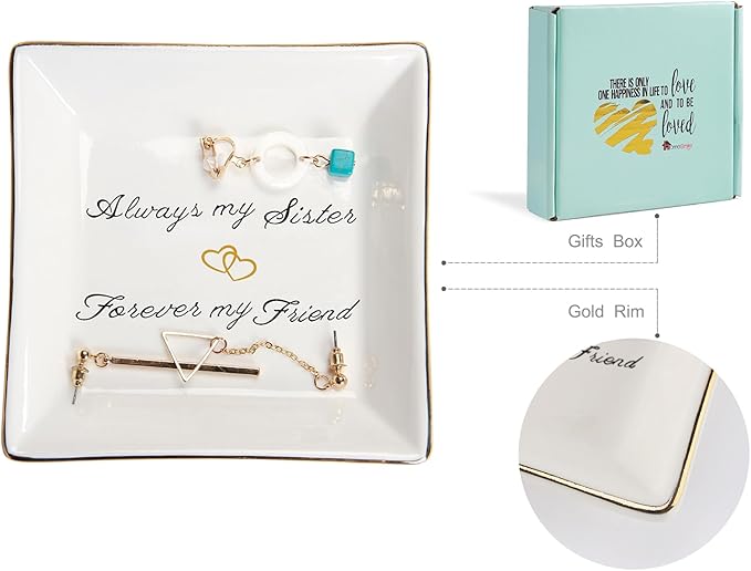 HOME SMILE Sister Birthday Gifts Trinket Dish Jewelry Tray -Always My Sister,Forover My Friend,Gifts for Sisters Bestie BFF Her Mother's Day Valentines Christmas