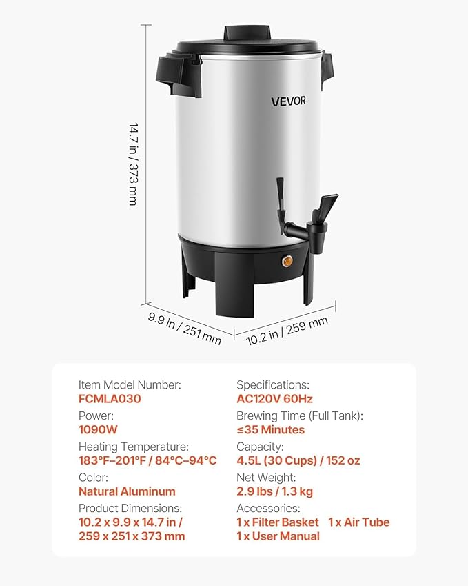 VEVOR Commercial Coffee Urn, 30 Cup 4.5 L Hot Beverage Dispenser with Dripless Faucet, Quick-Brewing Commercial Coffee Maker, Automatic Temperature Control, for Catering, Party, Church & Restaurant