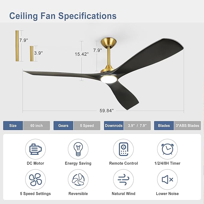 60 Ceiling Fan with Light: Black and Gold Ceiling Fans Reversible 3 Blades 5 Speeds - Modern Ceiling Fan with Remote for Indoor Living Room Bedroom