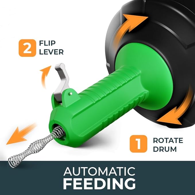 MEISTERFAKTUR drain snake [25 FT] - Auto Feed - Ideal plumbing snake for sink and drain unblocking - Solid drain auger for real DYIs!