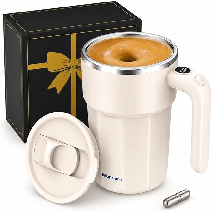 Self Stirring Coffee Mug, 12.5oz Magnetic Mixing Cup with Lid, USB Rechargeable Automatic Stirring Mug for Coffee, Creamer, Milk, Hot Chocolate & Matcha, Stainless Steel, Pearl White
